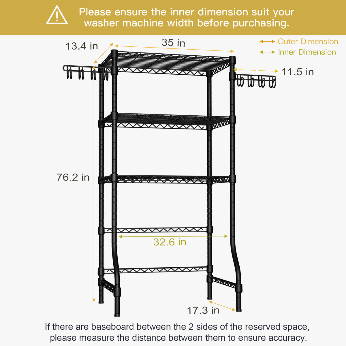 U8 Over-Washer Garment Rack, ≤32.6" Washer Fit, 3-Tier Shelves & Adjustable Shelves
