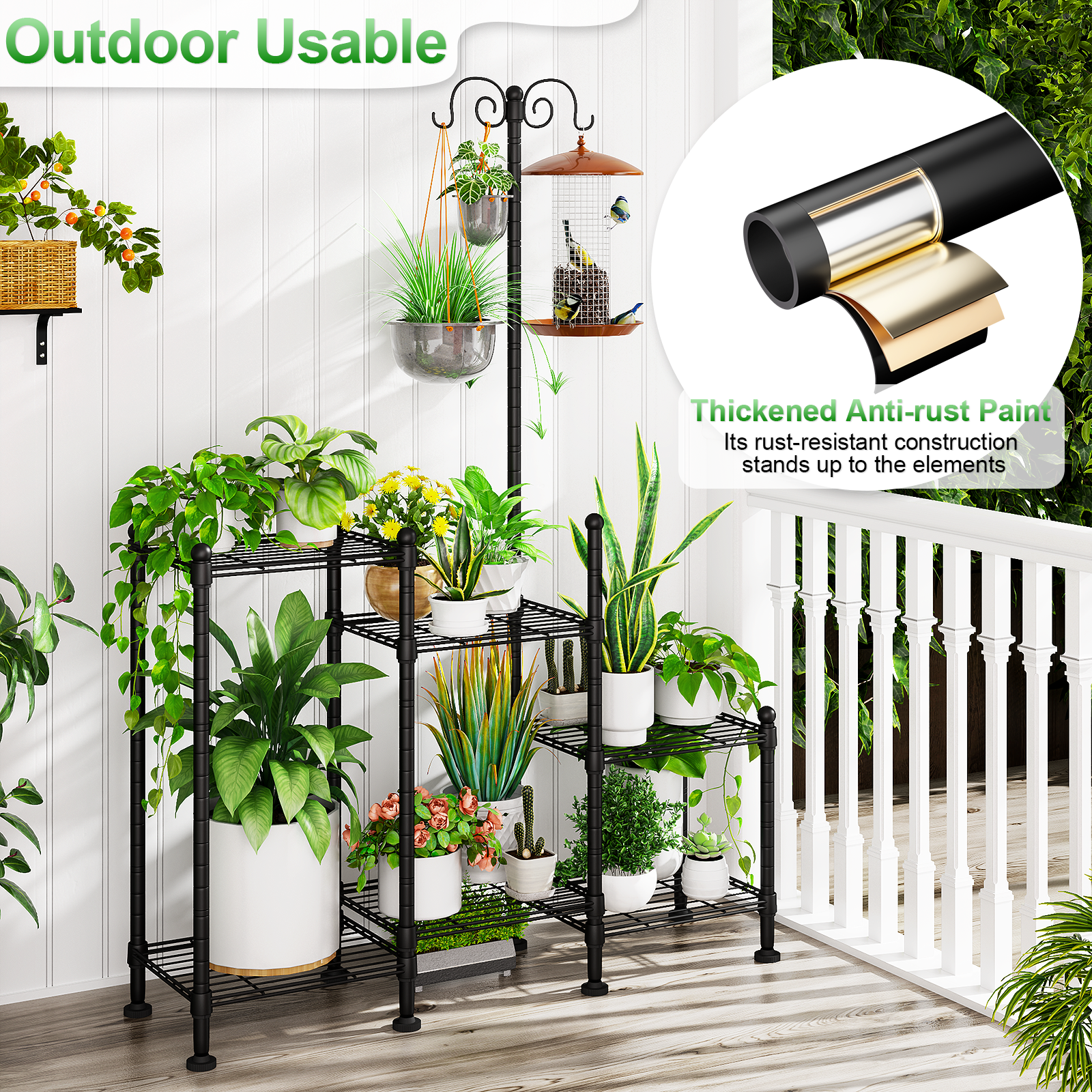 C6 Plant Stand Indoor Outdoor, Heavy Duty Metal Waterproof 6 Tiered Plant Shelf for Multiple Flower Planter Holder Rack, Black