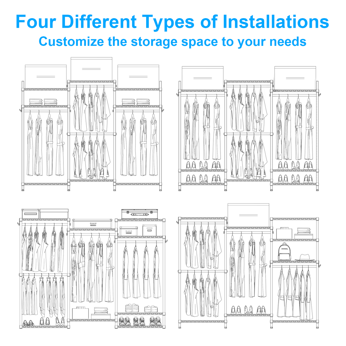 E13 Triple Column Garment Rack (Black), 900LBS Load, 8-Tier Shelves, 4 Hanger Rods & 8 S Hooks