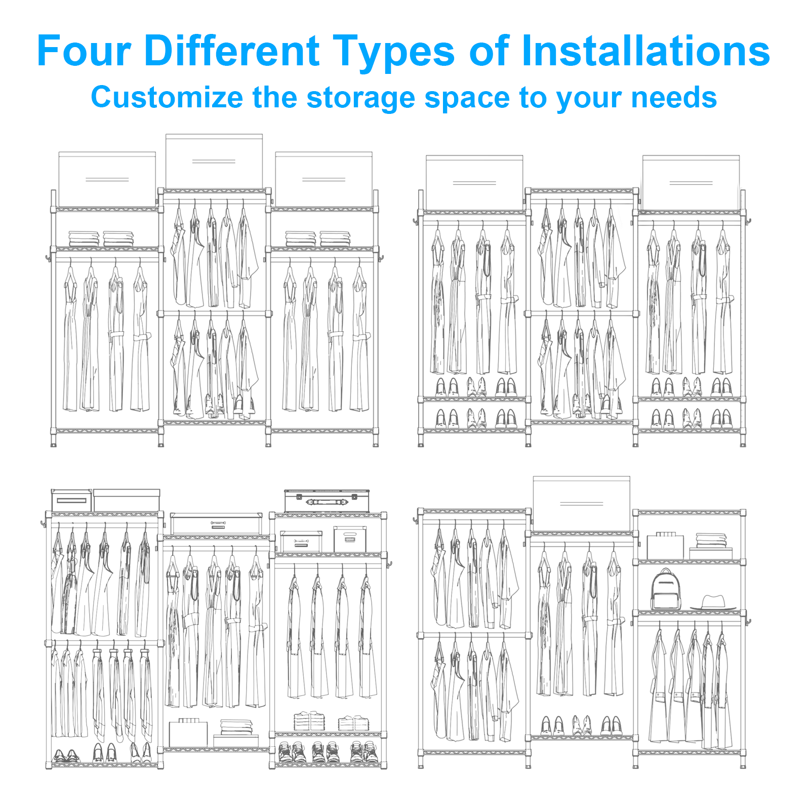 E13 Triple Column Garment Rack (Black), 900LBS Load, 8-Tier Shelves, 4 Hanger Rods & 8 S Hooks