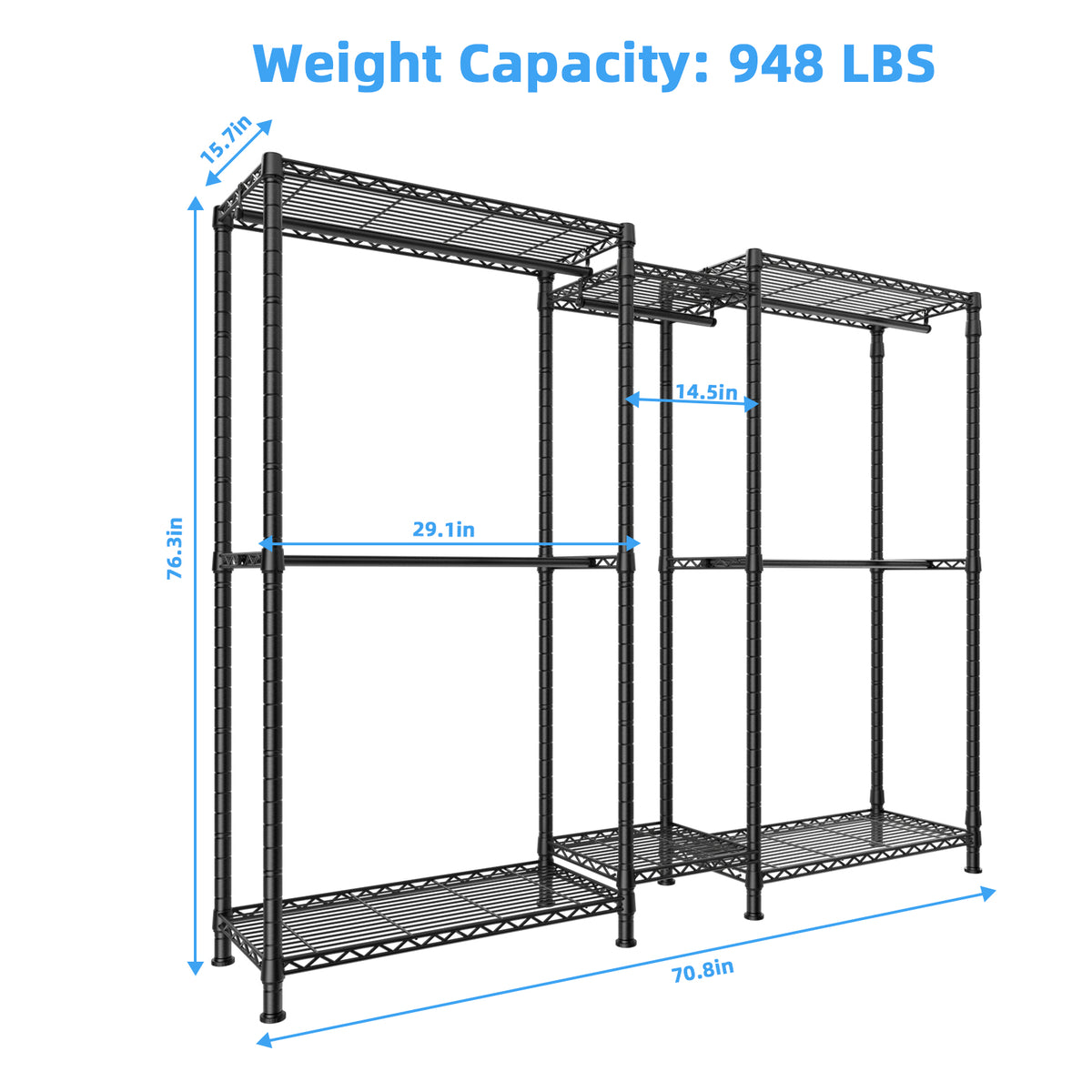 E12 Detachable Triple Column Garment Rack (Gold), 960LBS Load & 6-Tier Shelves with 4 Hanger Rods