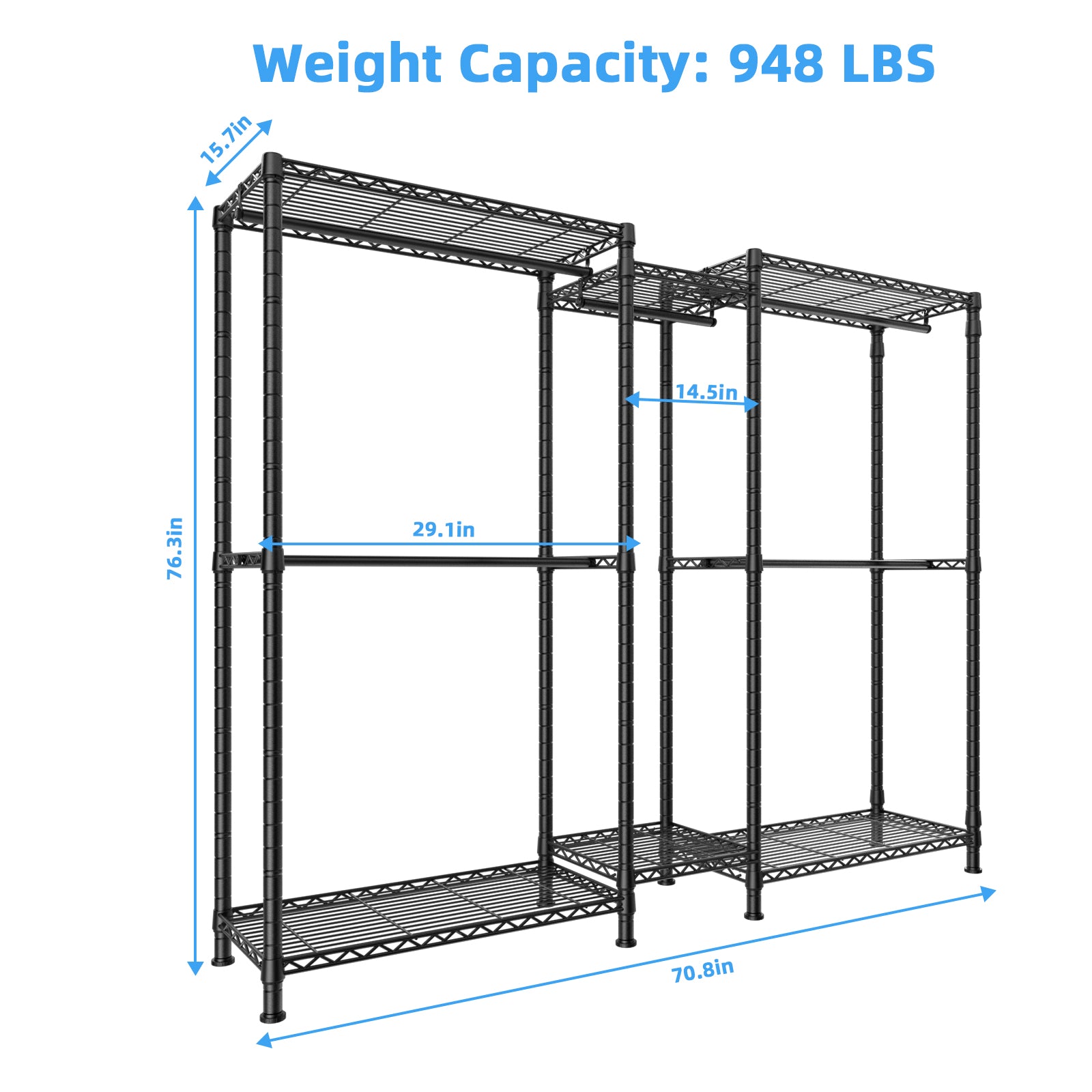 E12 Detachable Triple Column Garment Rack (Gold), 960LBS Load & 6-Tier Shelves with 4 Hanger Rods