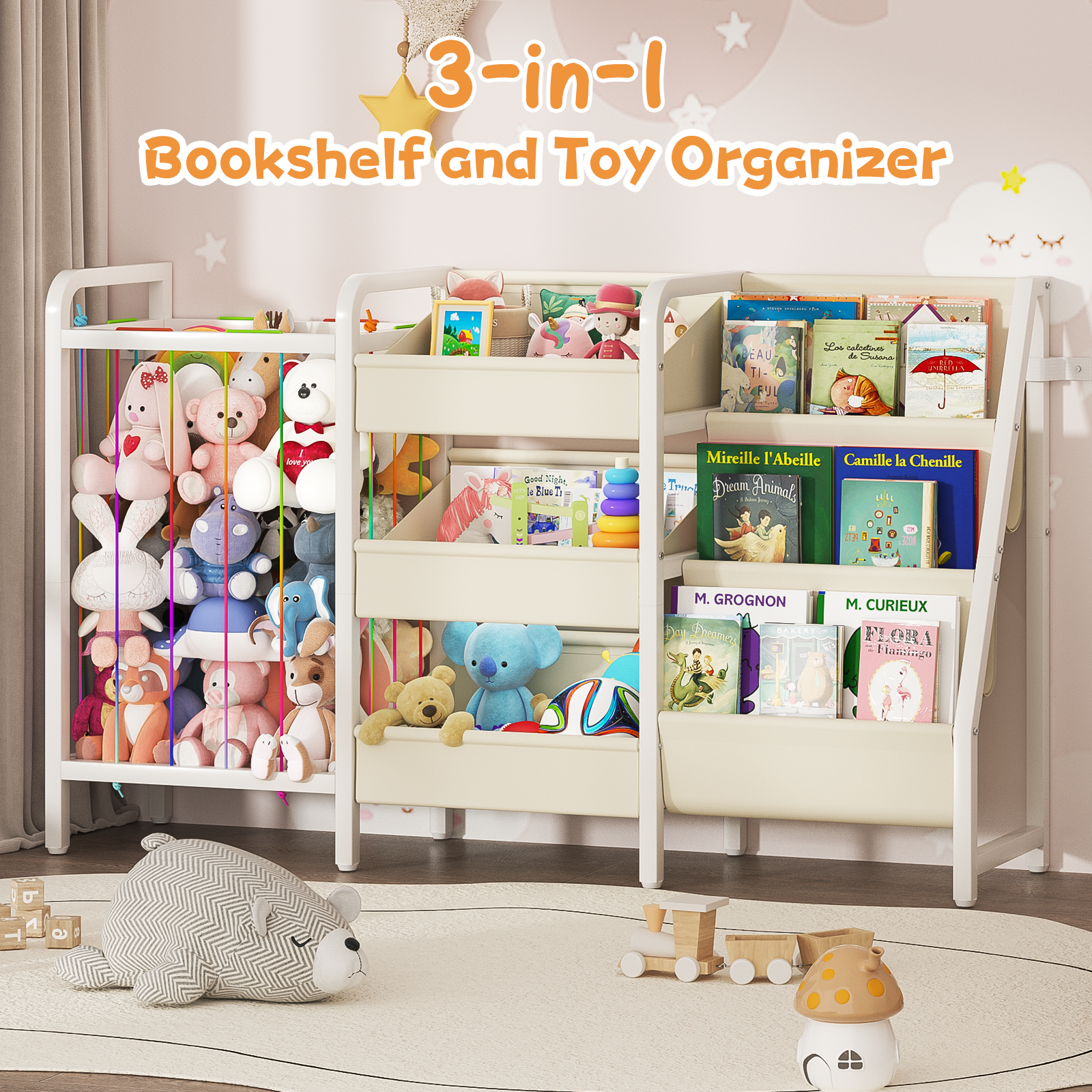 B2 Kids Bookshelf and Toy Storage, 3 Tier Book Shelf for Kids Rooms, Sling Toddler Bookshelf with Stuffed Animal Storage, Montessori Baby Bookcase for Nursery, Bedroom, Playroom, White