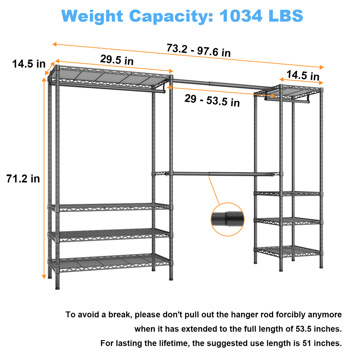 E11 73.2-97.6" Extendable Triple Column Garment Rack (Black), 1034LBS Load & Wall-Mounted/Free-Standing