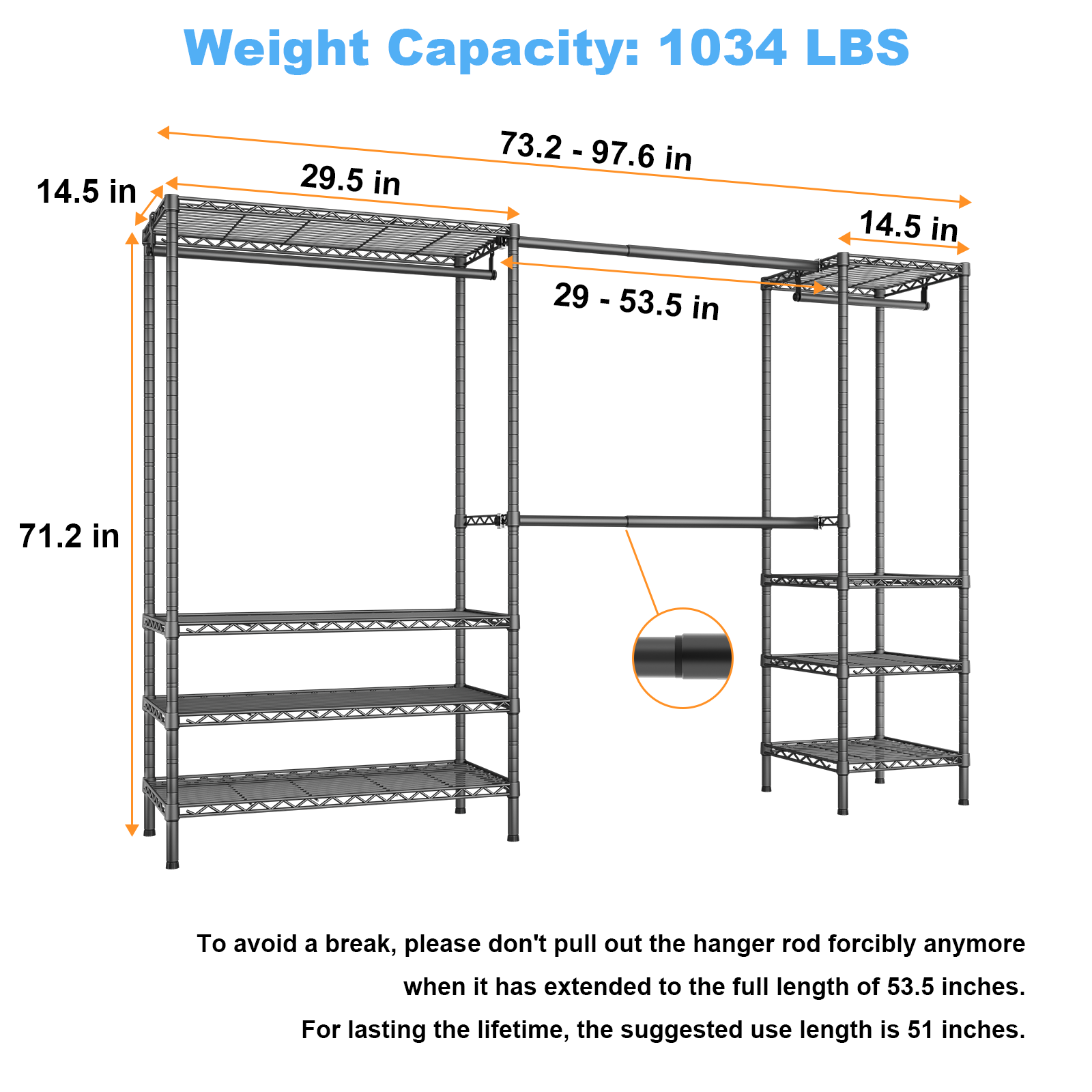 E11 73.2-97.6" Extendable Triple Column Garment Rack (Black), 1034LBS Load & Wall-Mounted/Free-Standing