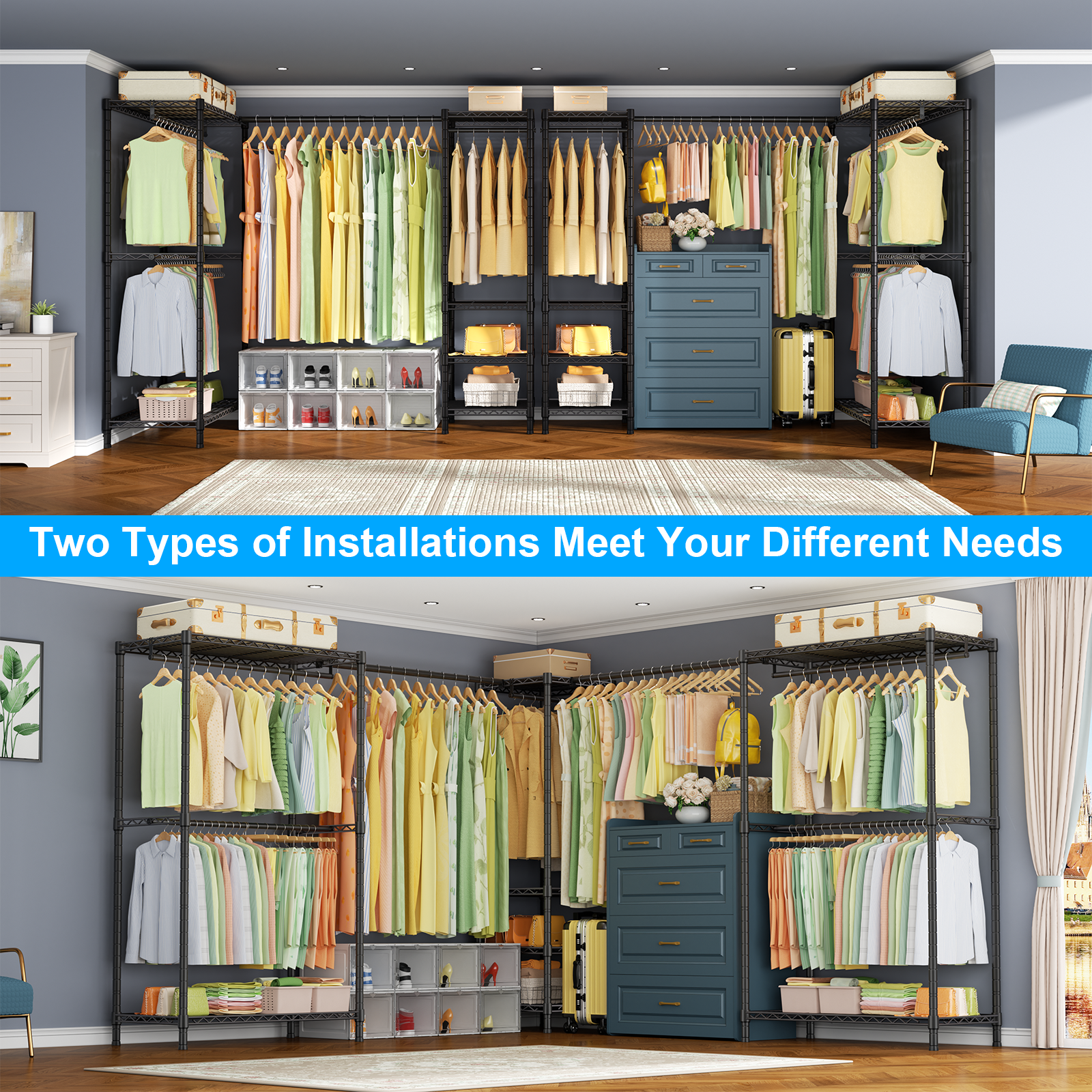 E10L L-Shaped Clothes Rack for Corner（With Expandable Hanger Rod）Heavy Duty Freestanding Clothing Racks for Hanging Clothes，Portable Garment Rack