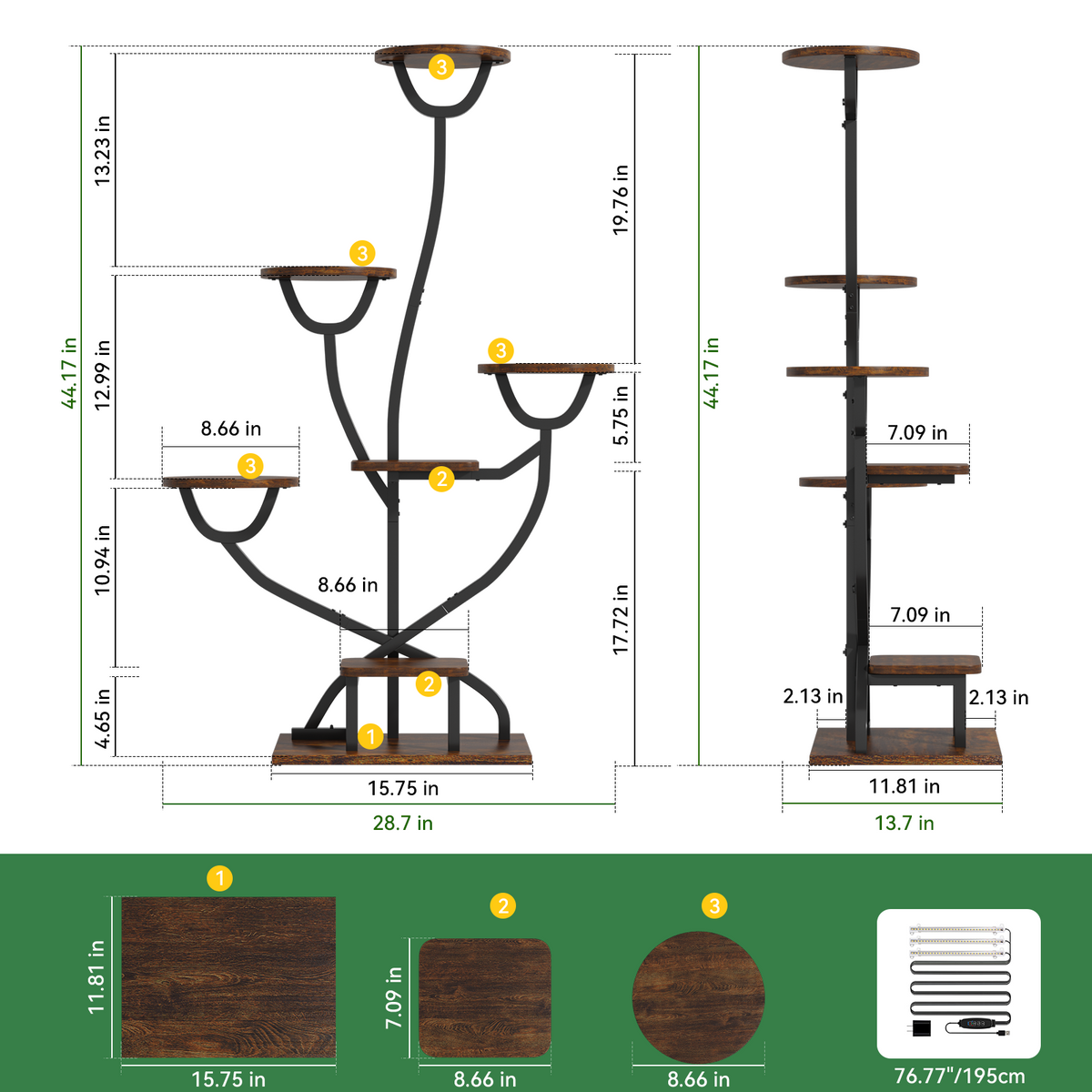 C4 Plant Stand Indoor with Grow Lights - 44.2" Tall Plant Shelf, Lighted Corner Plant Stands for Indoor Growing, 7 Tiered Metal & Wood Plant Holder Display Shelves for Living Room, Patent Design
