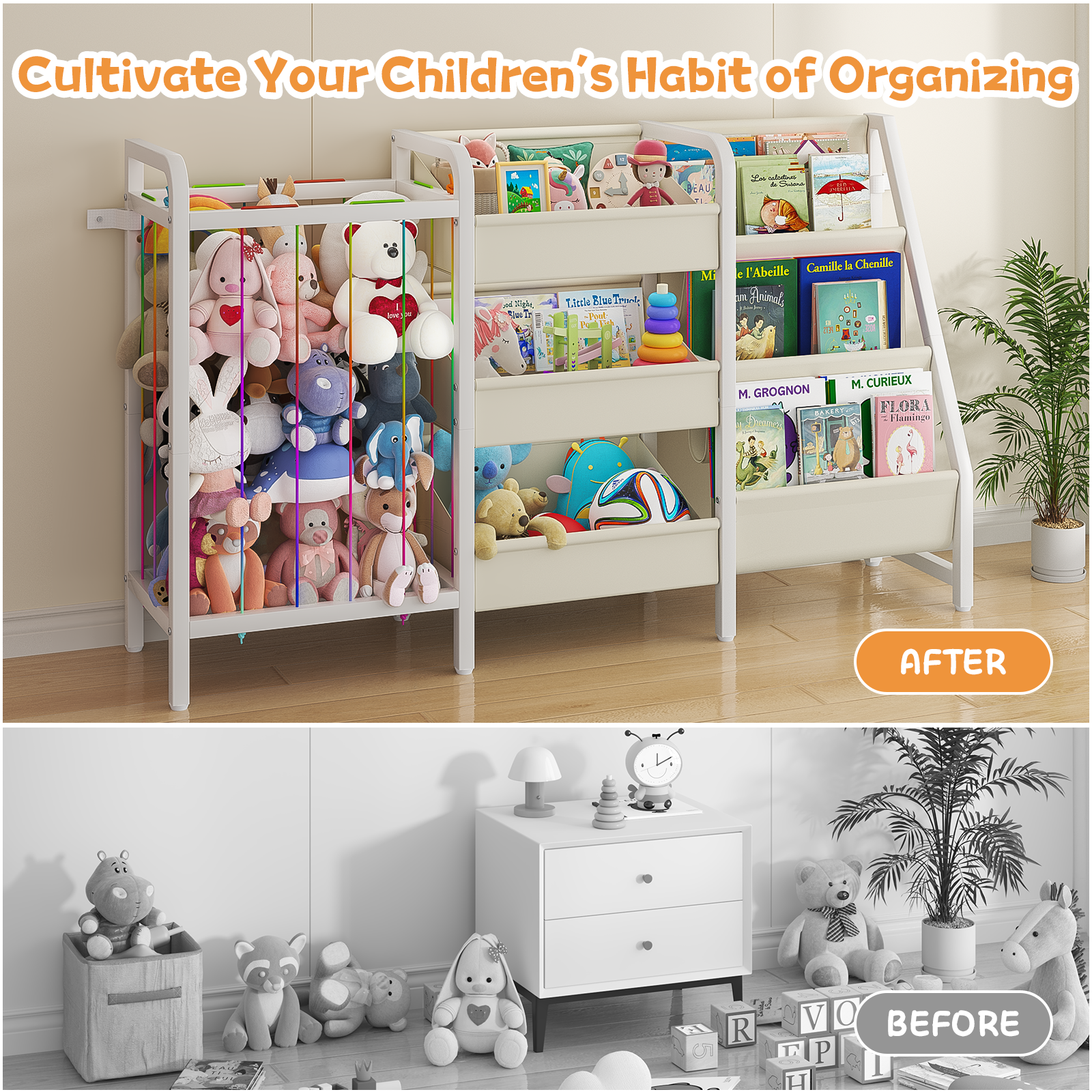 B2 Kids Bookshelf and Toy Storage, 3 Tier Book Shelf for Kids Rooms, Sling Toddler Bookshelf with Stuffed Animal Storage, Montessori Baby Bookcase for Nursery, Bedroom, Playroom, White