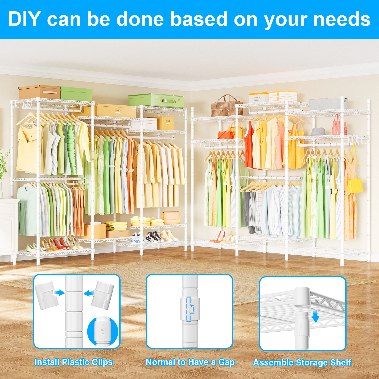 E13 Triple Column Garment Rack (Black), 900LBS Load, 8-Tier Shelves, 4 Hanger Rods & 8 S Hooks