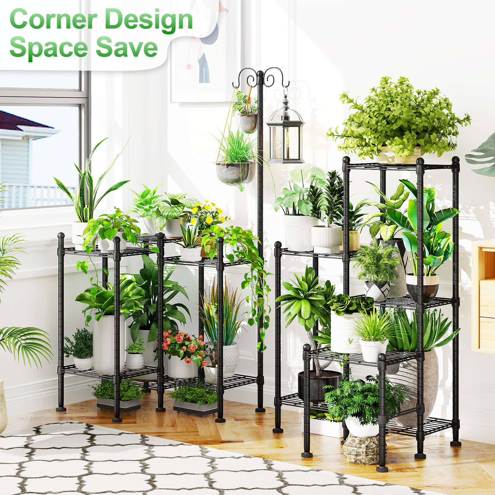 C6 Plant Stand Indoor Outdoor, Heavy Duty Metal Waterproof 6 Tiered Plant Shelf for Multiple Flower Planter Holder Rack, Black