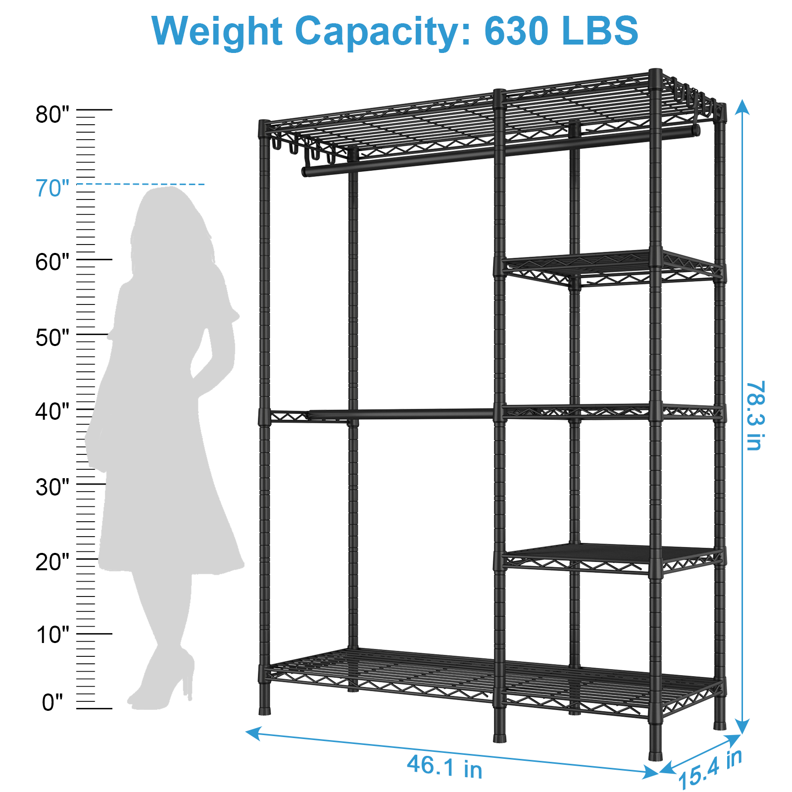 F2 45"W Double Column Garment Rack (Black), 630LBS Load & 5-Tier Adjustable Shelves