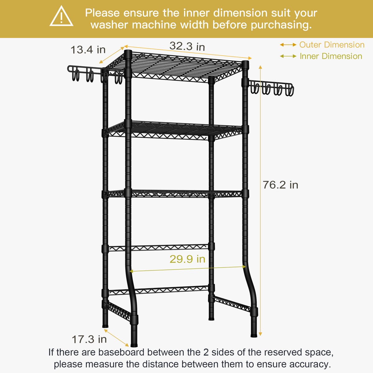 U8 Medium Over-Washer Garment Rack (Black), ≤29.9" Washer Fit, 304LBS Load & Anti-Rust Coating