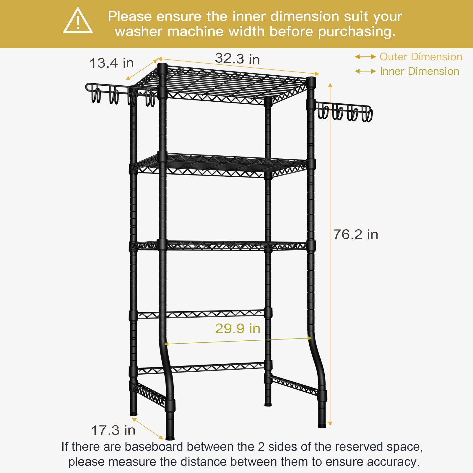 U8 Medium Over-Washer Garment Rack (Black), ≤29.9" Washer Fit, 304LBS Load & Anti-Rust Coating