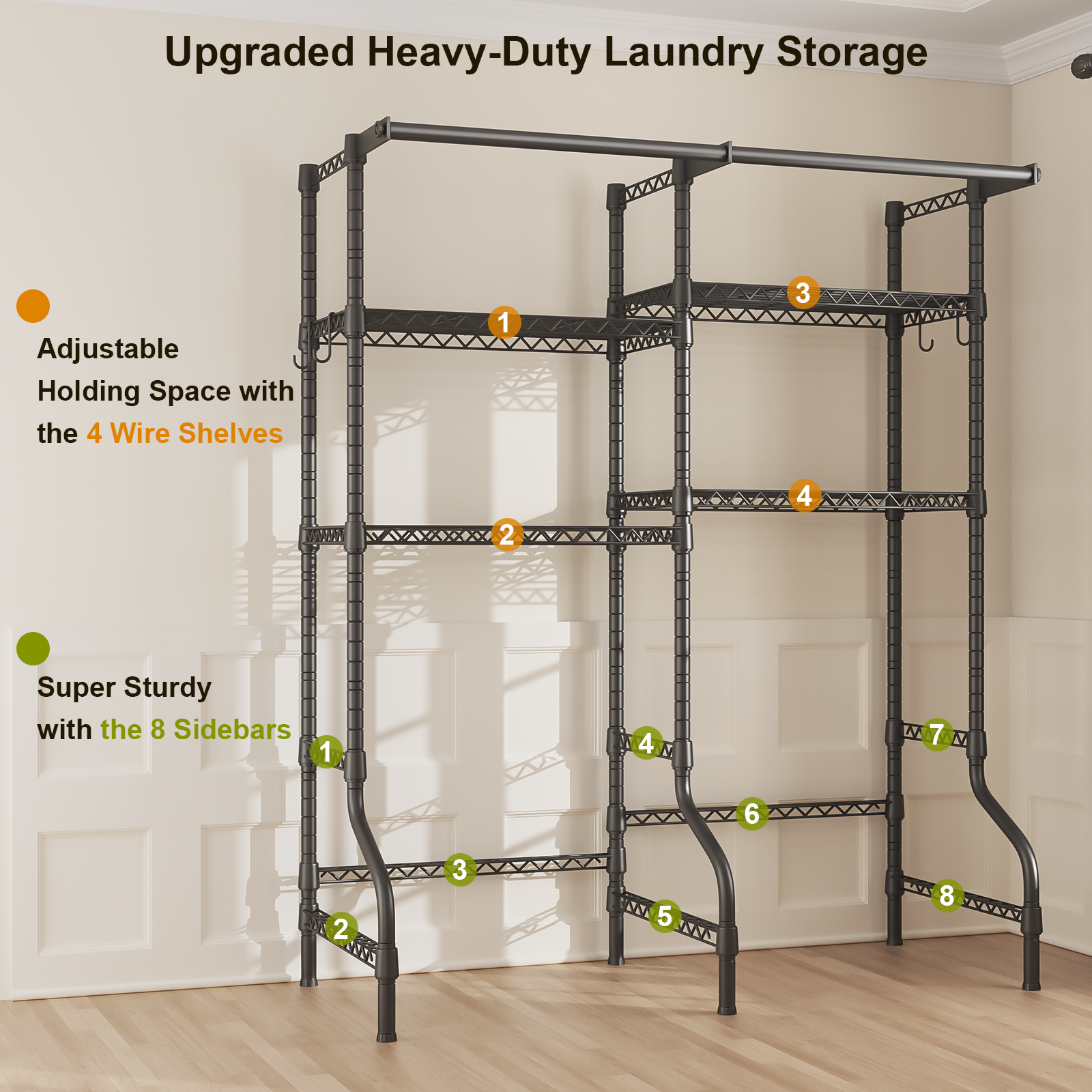 U14 Double Column Over-Washer Garment Rack, 4-Tier Storage & 2 Hanger Rods, 80-90LBS per Shelf Load