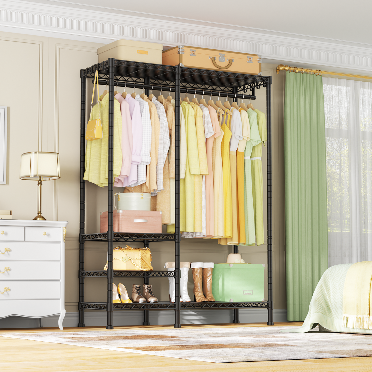 F4 Double Column Garment Rack (Black), 500LBS Load, 4-Tier Shelves & 1 Hanger Rod with Side Hooks