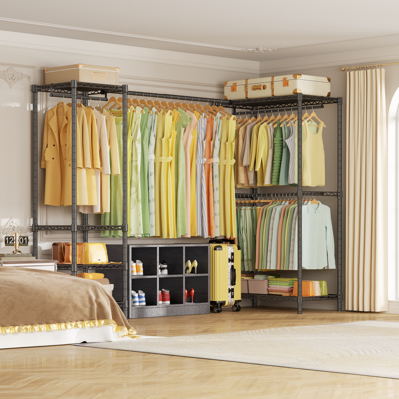 E10L L-Shaped Clothes Rack for Corner（With Expandable Hanger Rod）Heavy Duty Freestanding Clothing Racks for Hanging Clothes，Portable Garment Rack