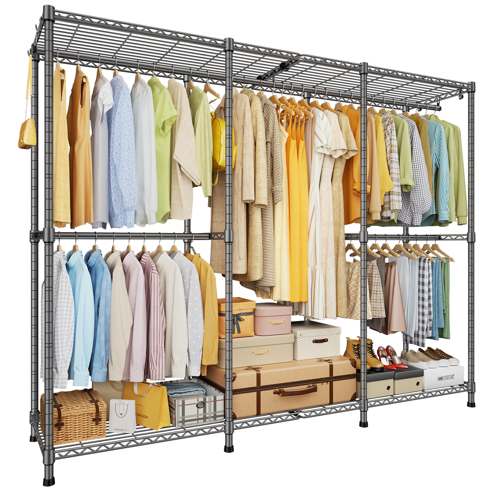 E14 Pro Heavy Duty Clothes Rack，Freestanding Clothing Racks for Hanging Clothes，Adjustable Closet Organizers and Storage，Metal Garment Rack with Shelves