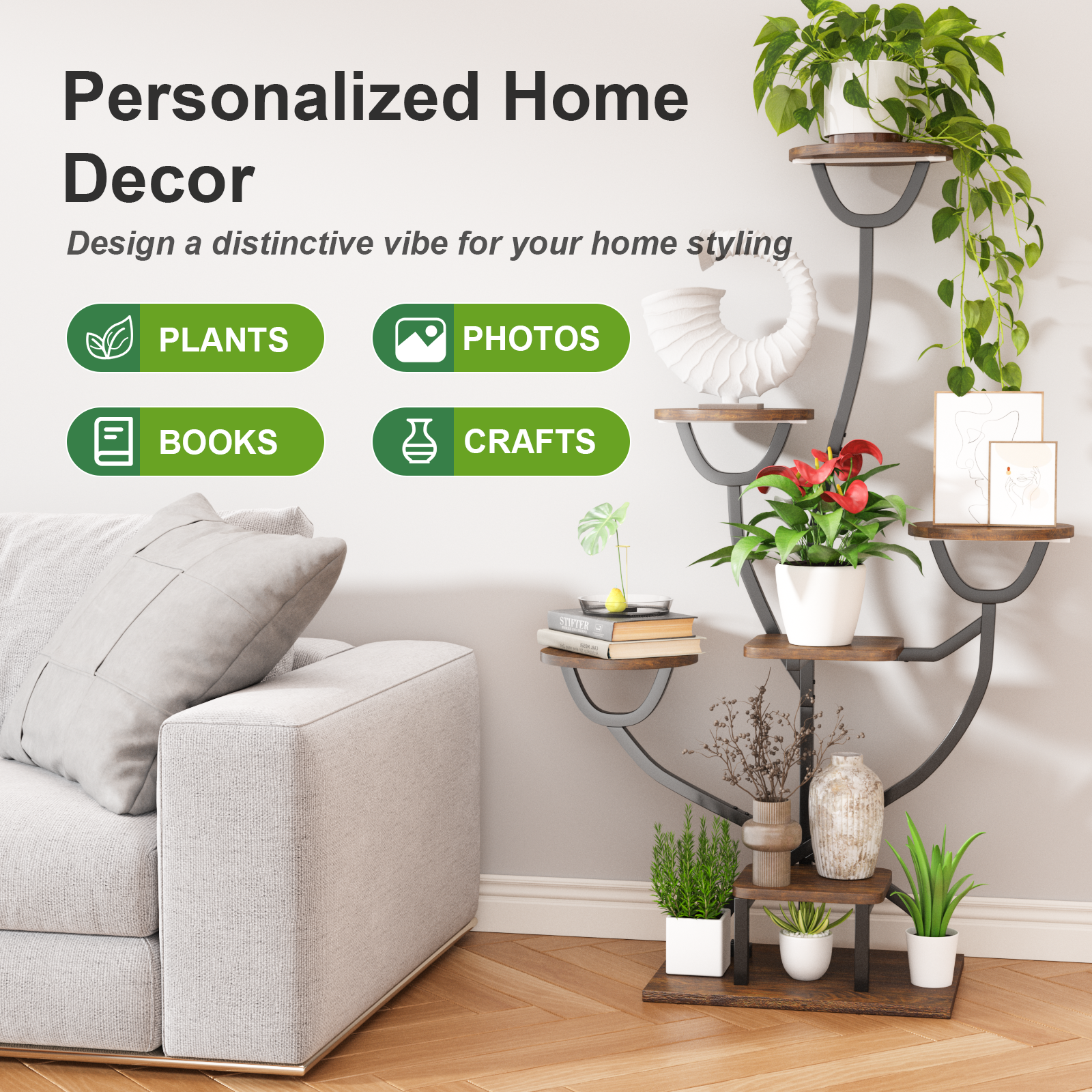 C4 Plant Stand Indoor with Grow Lights - 44.2" Tall Plant Shelf, Lighted Corner Plant Stands for Indoor Growing, 7 Tiered Metal & Wood Plant Holder Display Shelves for Living Room, Patent Design