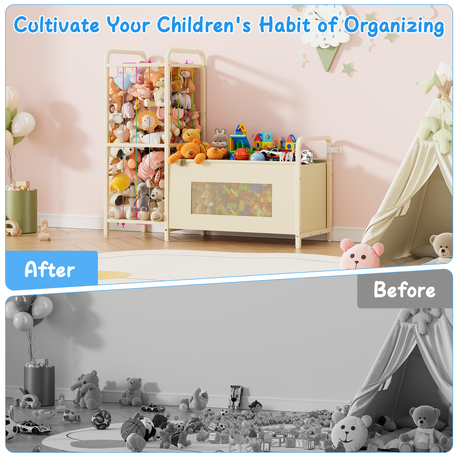 B10 Toy Storage Organizer with Stuffed Animal Storage, Large Toy Box Chest and Stuffed Animal Holder Zoo Organizer with Elastic Ropes for Nursery, Kids Room, Playroom, Bedroom, Beige