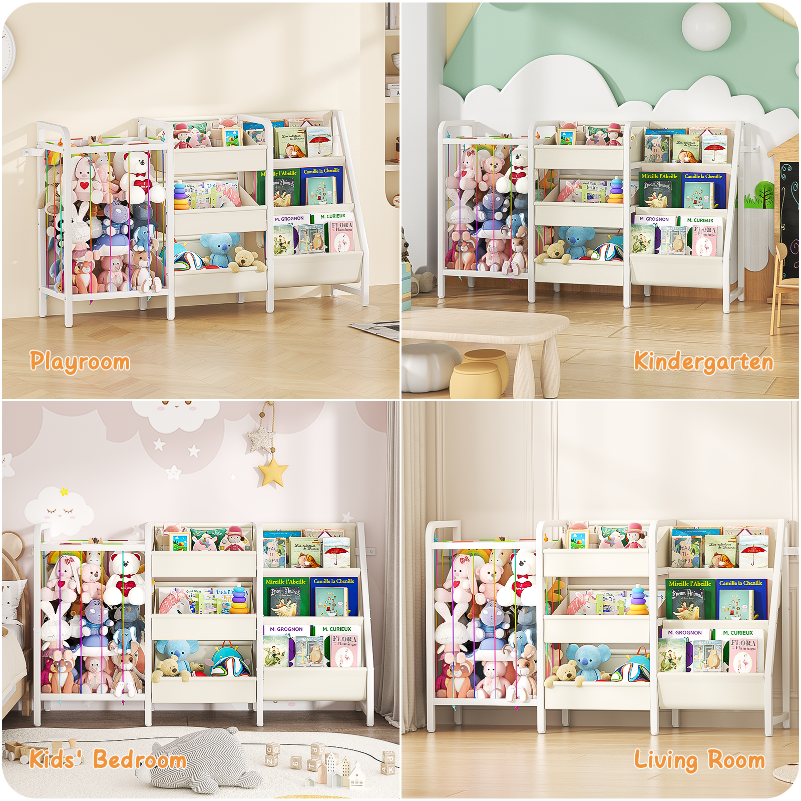 B2 Kids Bookshelf and Toy Storage, 3 Tier Book Shelf for Kids Rooms, Sling Toddler Bookshelf with Stuffed Animal Storage, Montessori Baby Bookcase for Nursery, Bedroom, Playroom, White