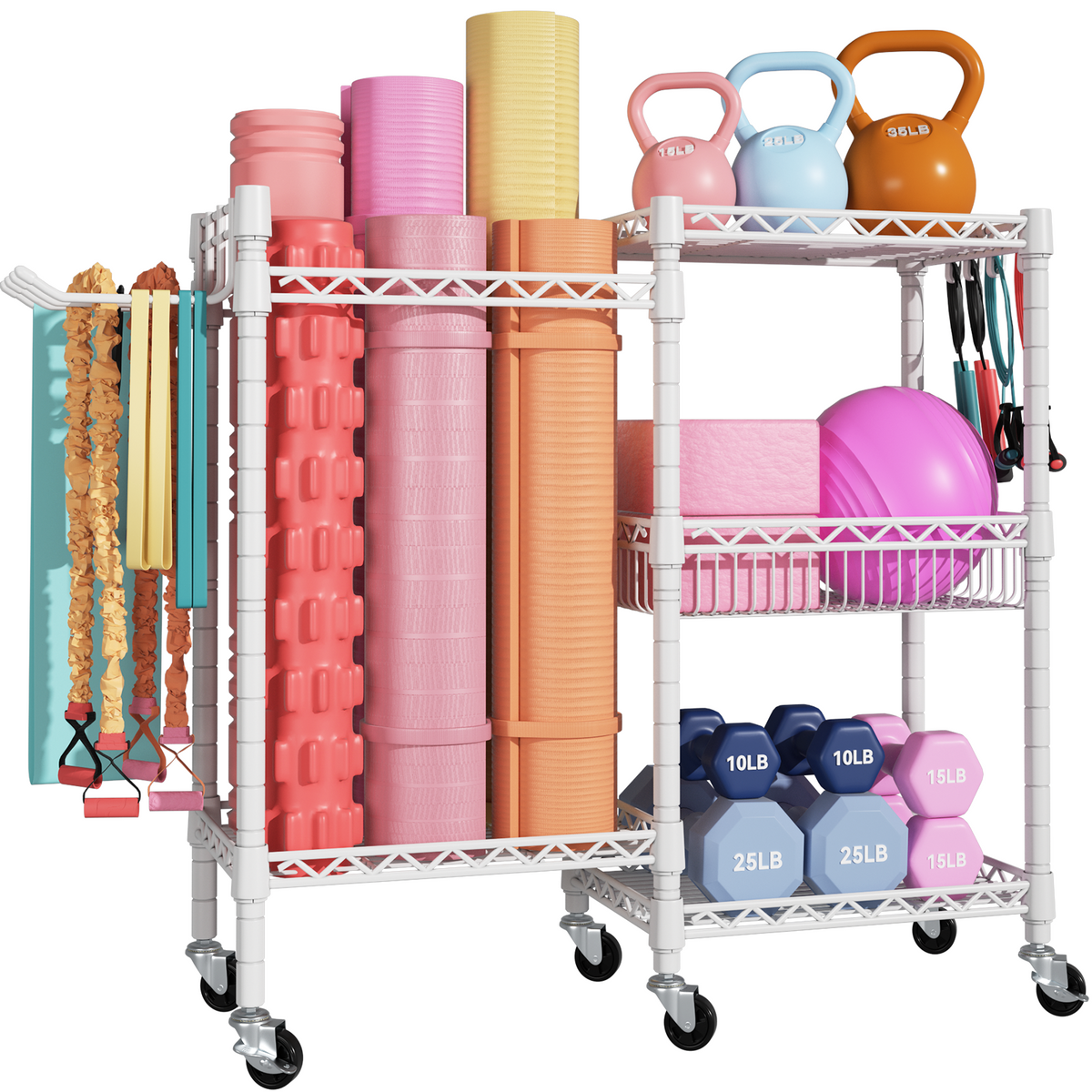 S2 Home Gym Storage, 3 Tiers Workout Equipment Organizer with Wheels for Yoga Mats, Foam Roller, Dumbbells, Kettlebells, and Resistance Bands