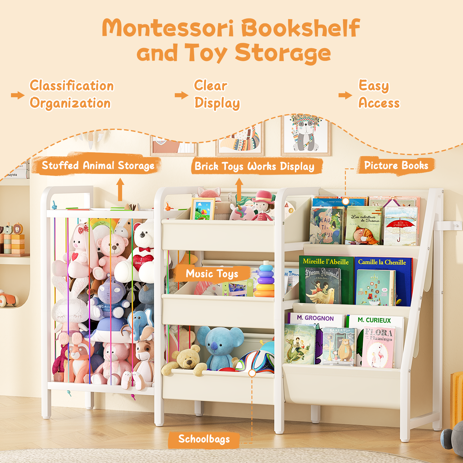 B2 Kids Bookshelf and Toy Storage, 3 Tier Book Shelf for Kids Rooms, Sling Toddler Bookshelf with Stuffed Animal Storage, Montessori Baby Bookcase for Nursery, Bedroom, Playroom, White