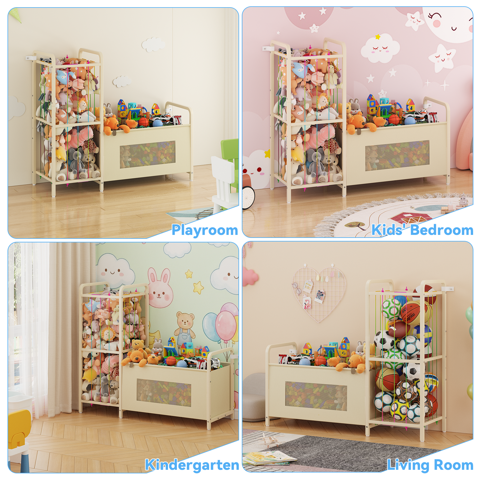 B10 Toy Storage Organizer with Stuffed Animal Storage, Large Toy Box Chest and Stuffed Animal Holder Zoo Organizer with Elastic Ropes for Nursery, Kids Room, Playroom, Bedroom, Beige