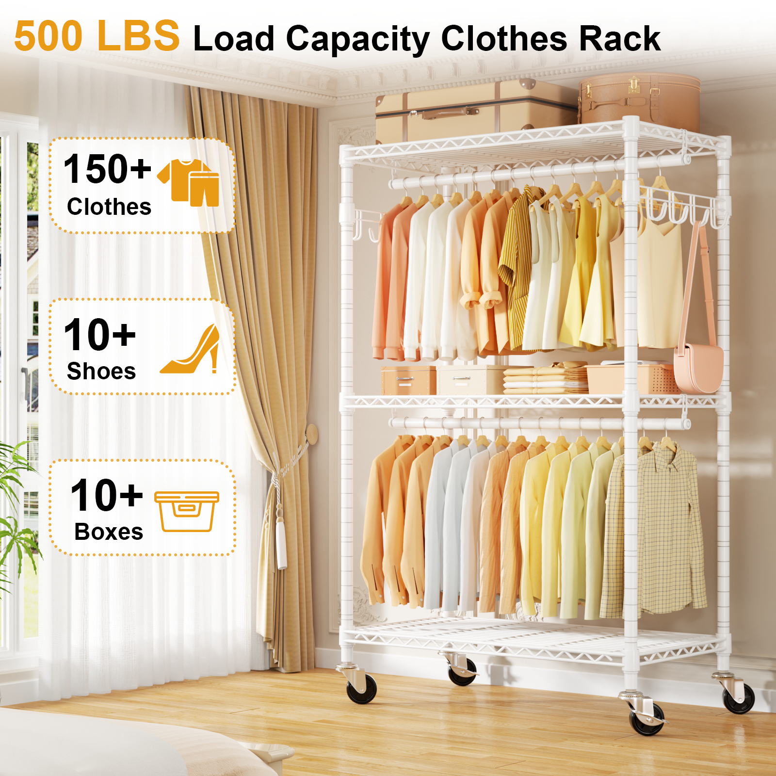 P1 35.4"W Single Column Garment Rack with Lockable Wheels, 500LBS Capacity & 3 Adjustable Wire Shelves