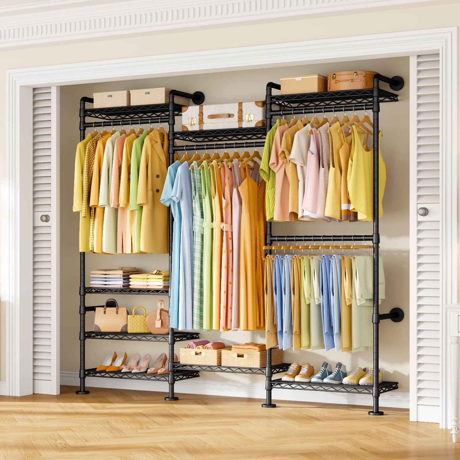 M6 Clothes Rack for Wall Mounted, Heavy Duty Closet Wardrobe System with 8 Shelves and 4 Hanger Rods, 68.5" W x 11.8" D x 86.6" H Clothing Storage Organizer for Holding 1064lbs