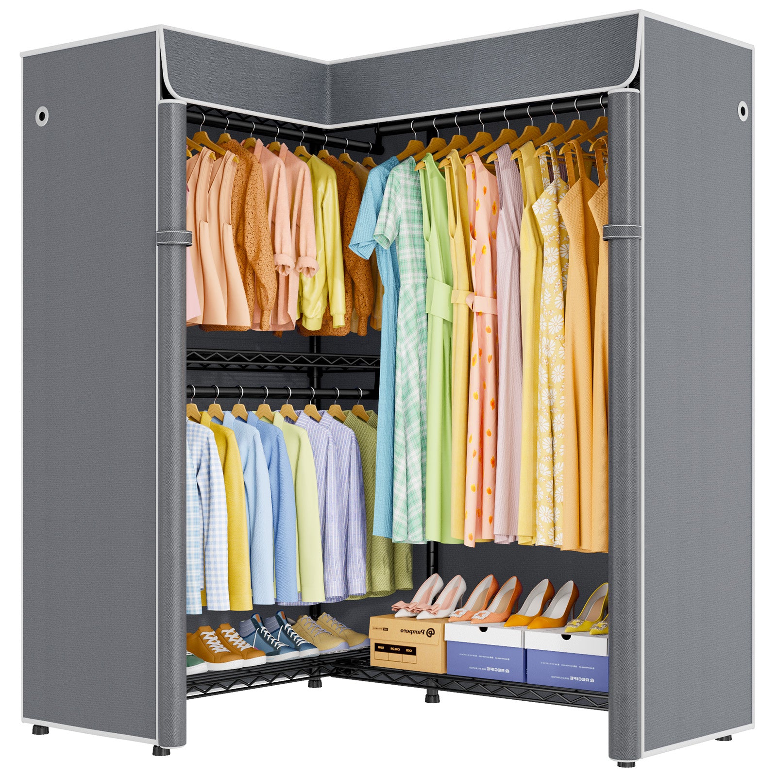 E15C Garment Rack L Shaped Clothes Rack for Corner, 43.3"W x 15.8"D x 78.4"H, Black Rack with Grey Dustproof Cover