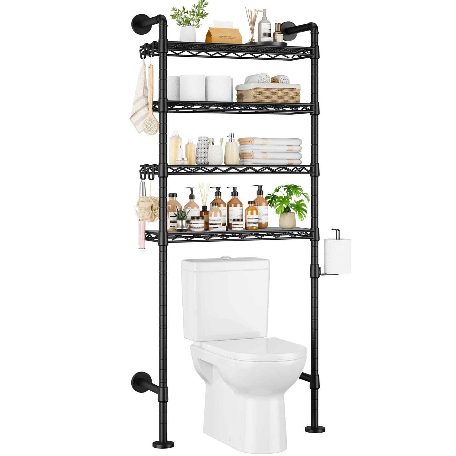 K3 Wall Mounted 4-Tier Over the Toilet Storage，Metal Above Toilet Storage with Paper Hook，Over Toilet Bathroom Organizer with Adjustable Shelf