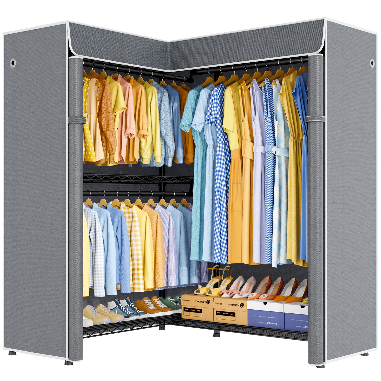 E15C Pro Garment Rack L Shaped Clothes Rack for Corner, 48.8"W x 15.8"D x 78.4"H, Black Rack with Black Dustproof Cover