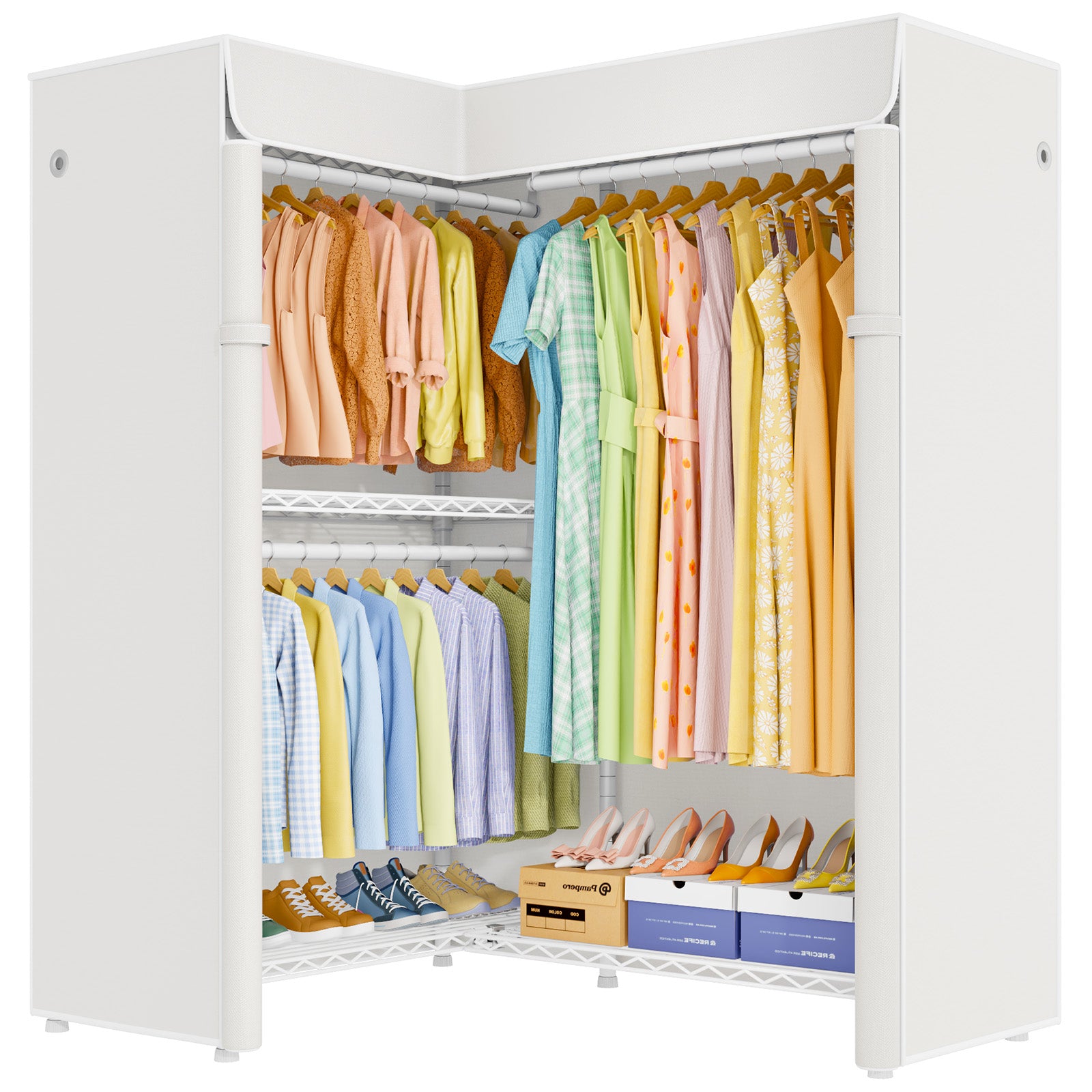 E15C Garment Rack L Shaped Clothes Rack for Corner, 43.3"W x 15.8"D x 78.4"H, Black Rack with Grey Dustproof Cover