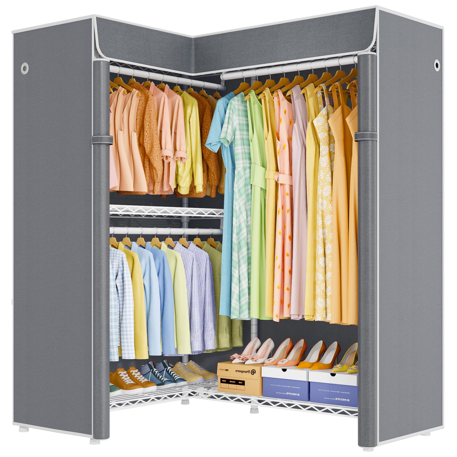 E15C Garment Rack L Shaped Clothes Rack for Corner, 43.3"W x 15.8"D x 78.4"H, Black Rack with Grey Dustproof Cover