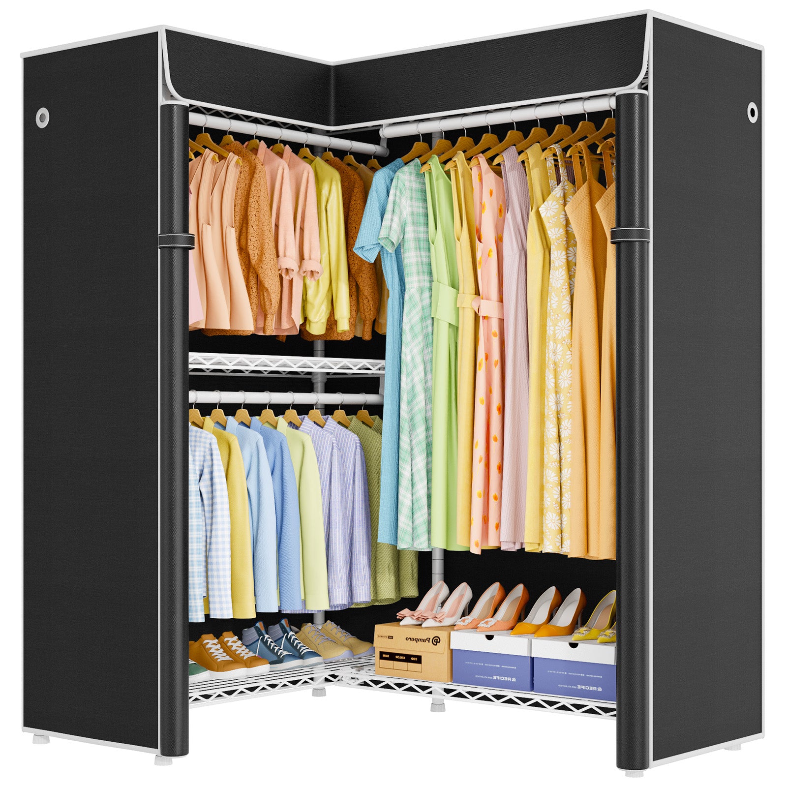 E15C Garment Rack L Shaped Clothes Rack for Corner, 43.3"W x 15.8"D x 78.4"H, Black Rack with Grey Dustproof Cover