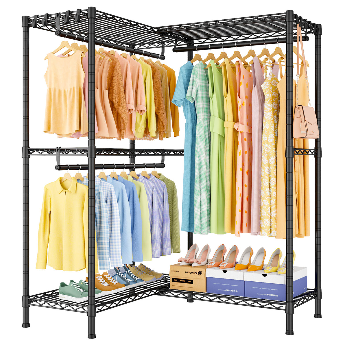 E15 Garment Rack L Shaped Clothes Rack for Corner, 850LBS LOAD, 4 Hanger Rods & 8 S Hooks