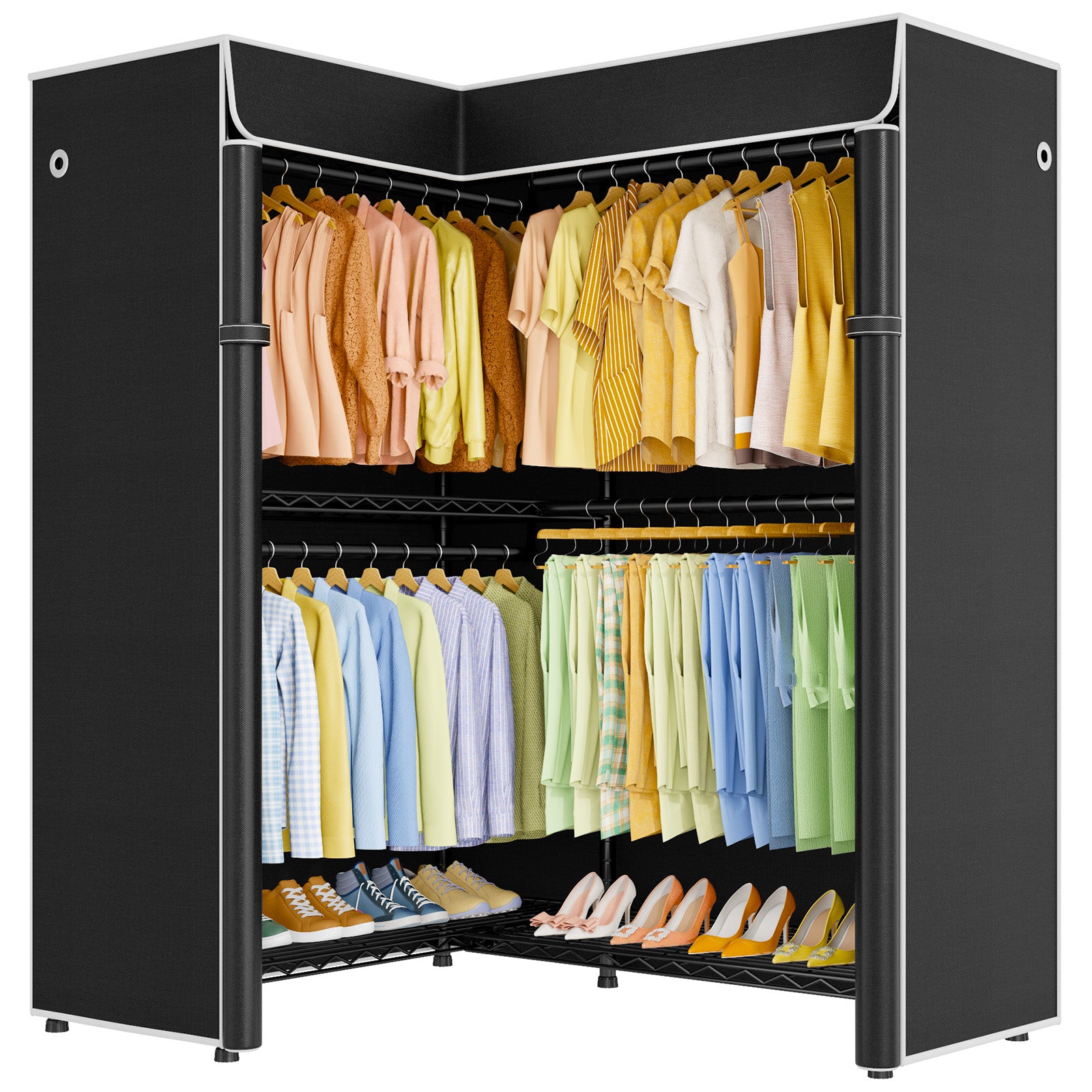 E15C Garment Rack L Shaped Clothes Rack for Corner, 43.3"W x 15.8"D x 78.4"H, Black Rack with Grey Dustproof Cover