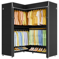 E15C Garment Rack L Shaped Clothes Rack for Corner, 43.3"W x 15.8"D x 78.4"H, Black Rack with Grey Dustproof Cover