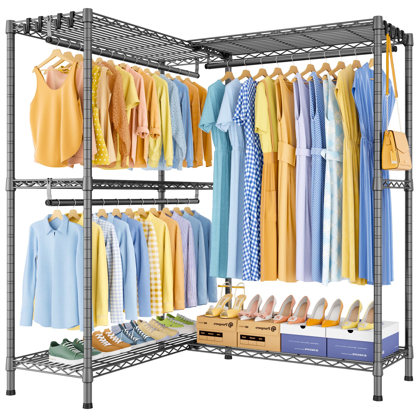 E15 Pro Garment Rack L Shaped Clothes Rack for Corner, Heavy Duty Closet System with 4 Hanging Rods & 8 S Hooks