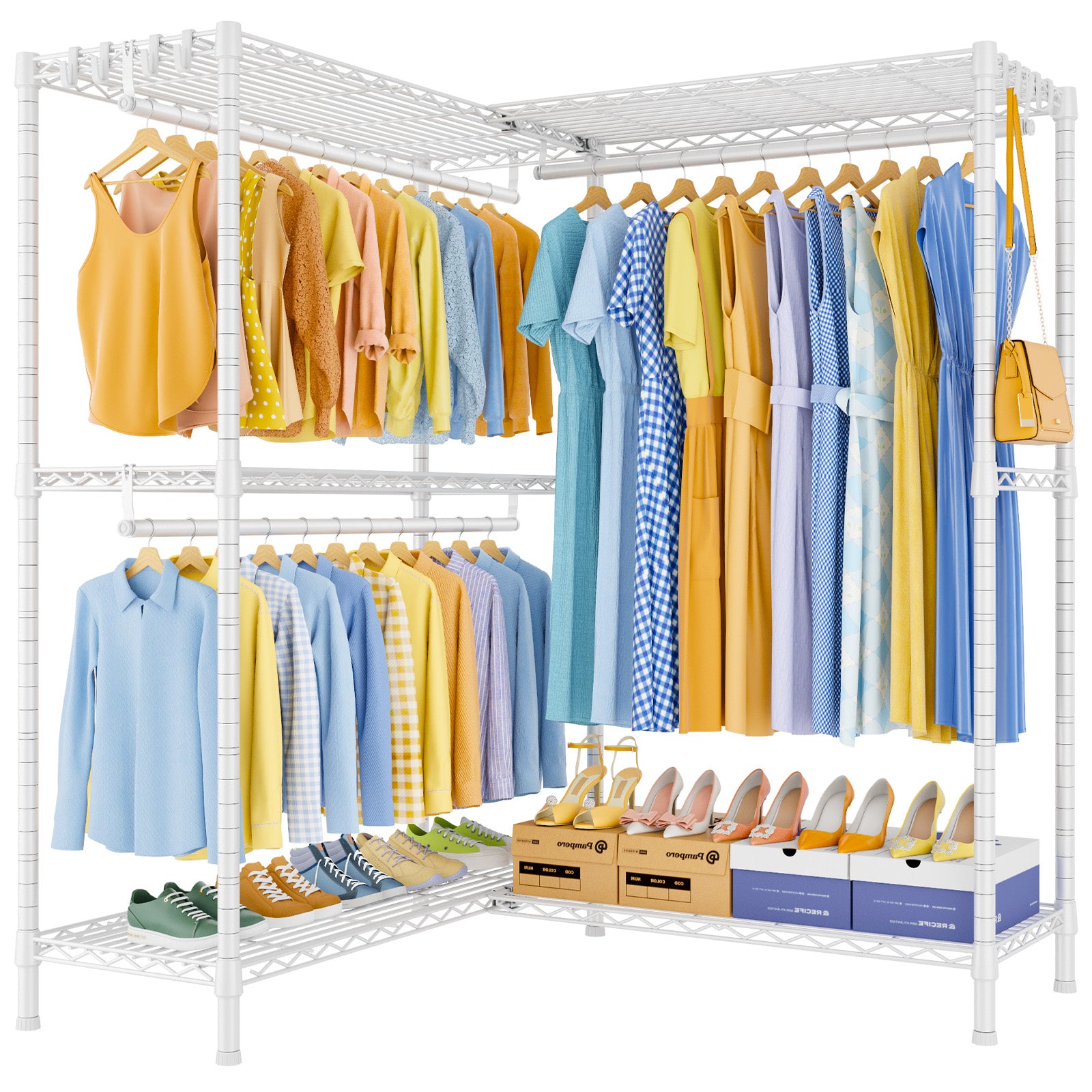 E15 Pro Garment Rack L Shaped Clothes Rack for Corner, Heavy Duty Closet System with 4 Hanging Rods & 8 S Hooks