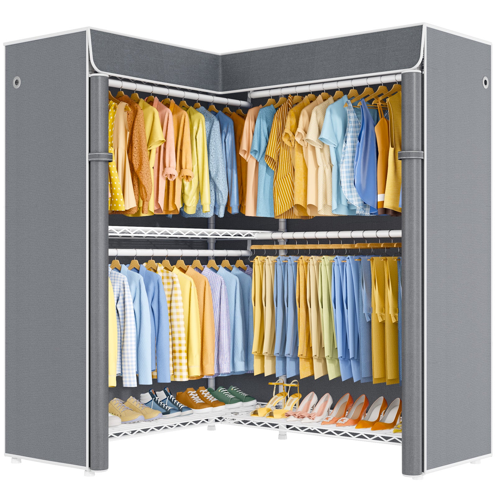 E15C Pro Garment Rack L Shaped Clothes Rack for Corner, 48.8"W x 15.8"D x 78.4"H, Black Rack with Black Dustproof Cover