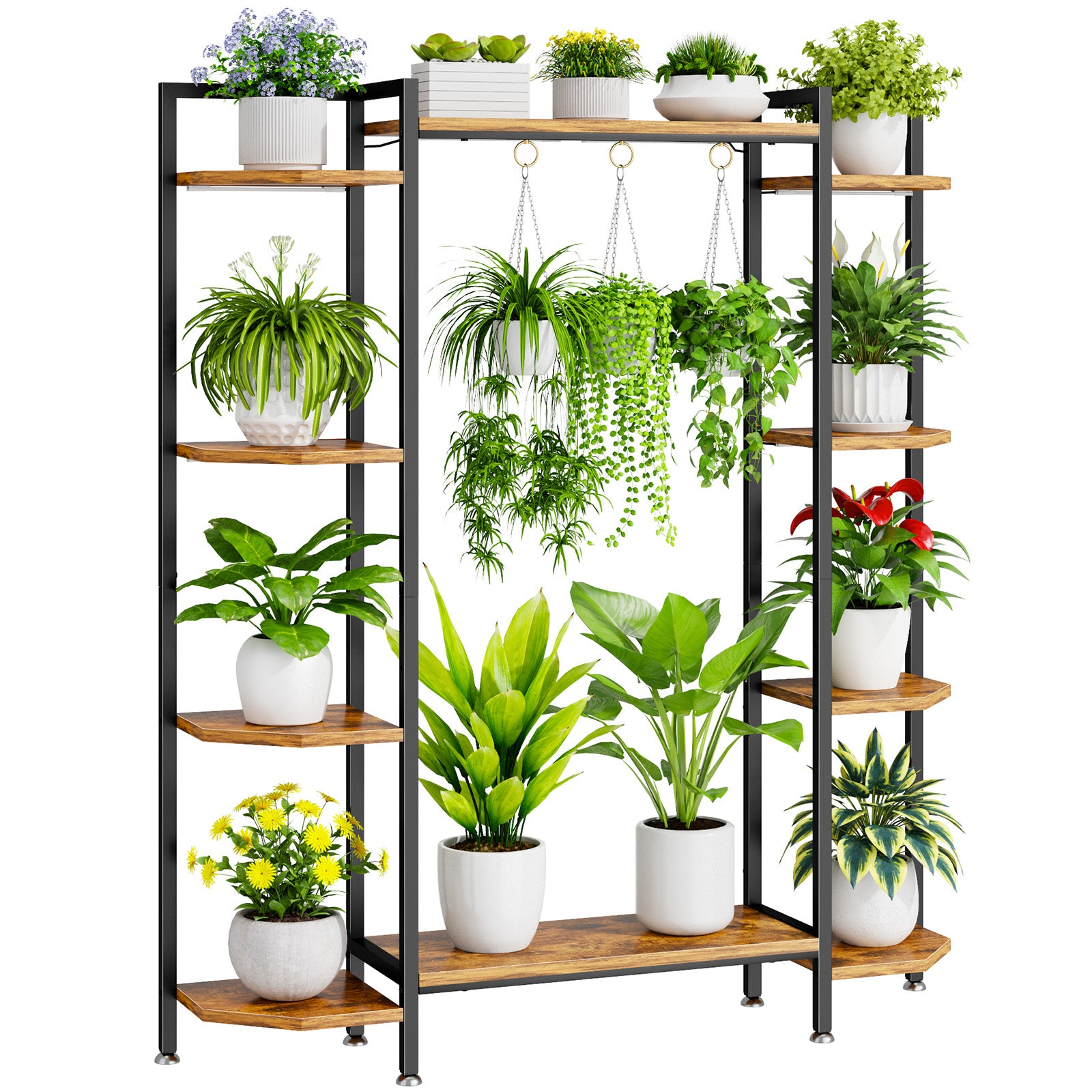 C1 Plant Stand Indoor with 6 Grow Lights, 6 Tiered Large Metal Plant Stand, 55 Inches Tall Plant Shelf with Hooks, Plant Holder Display Shelves for Patio, Garden, Living Room, Balcony