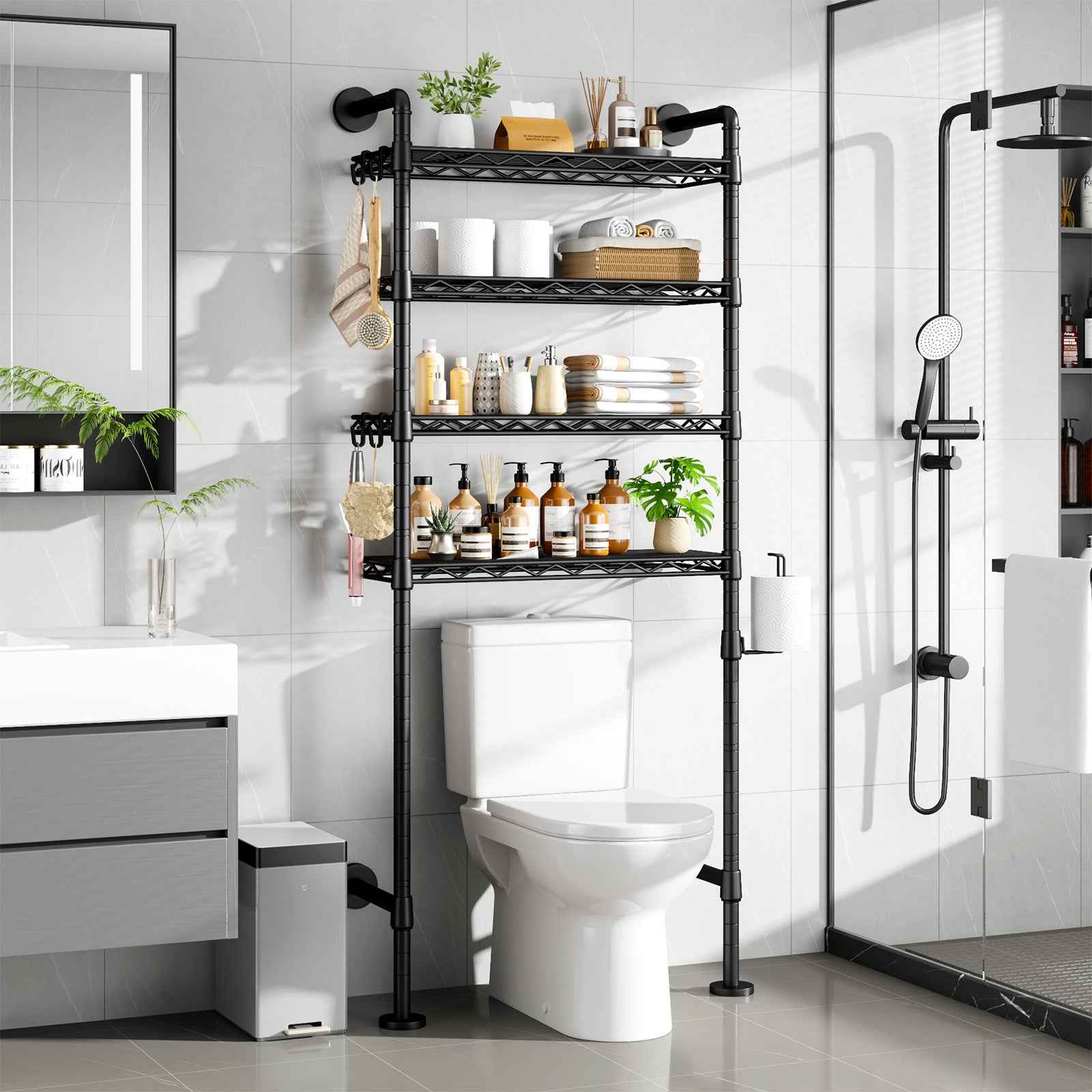 K3 Wall Mounted 4-Tier Over the Toilet Storage，Metal Above Toilet Storage with Paper Hook，Over Toilet Bathroom Organizer with Adjustable Shelf