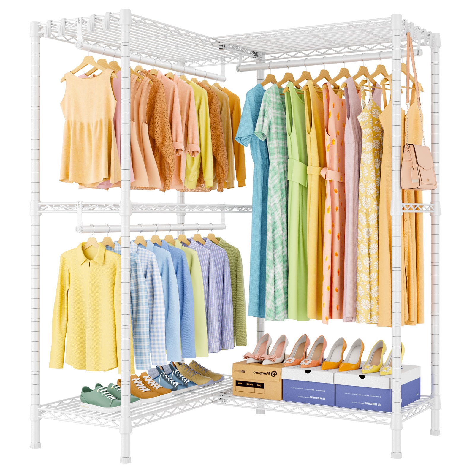 E15 Garment Rack L Shaped Clothes Rack for Corner, 850LBS LOAD, 4 Hanger Rods & 8 S Hooks