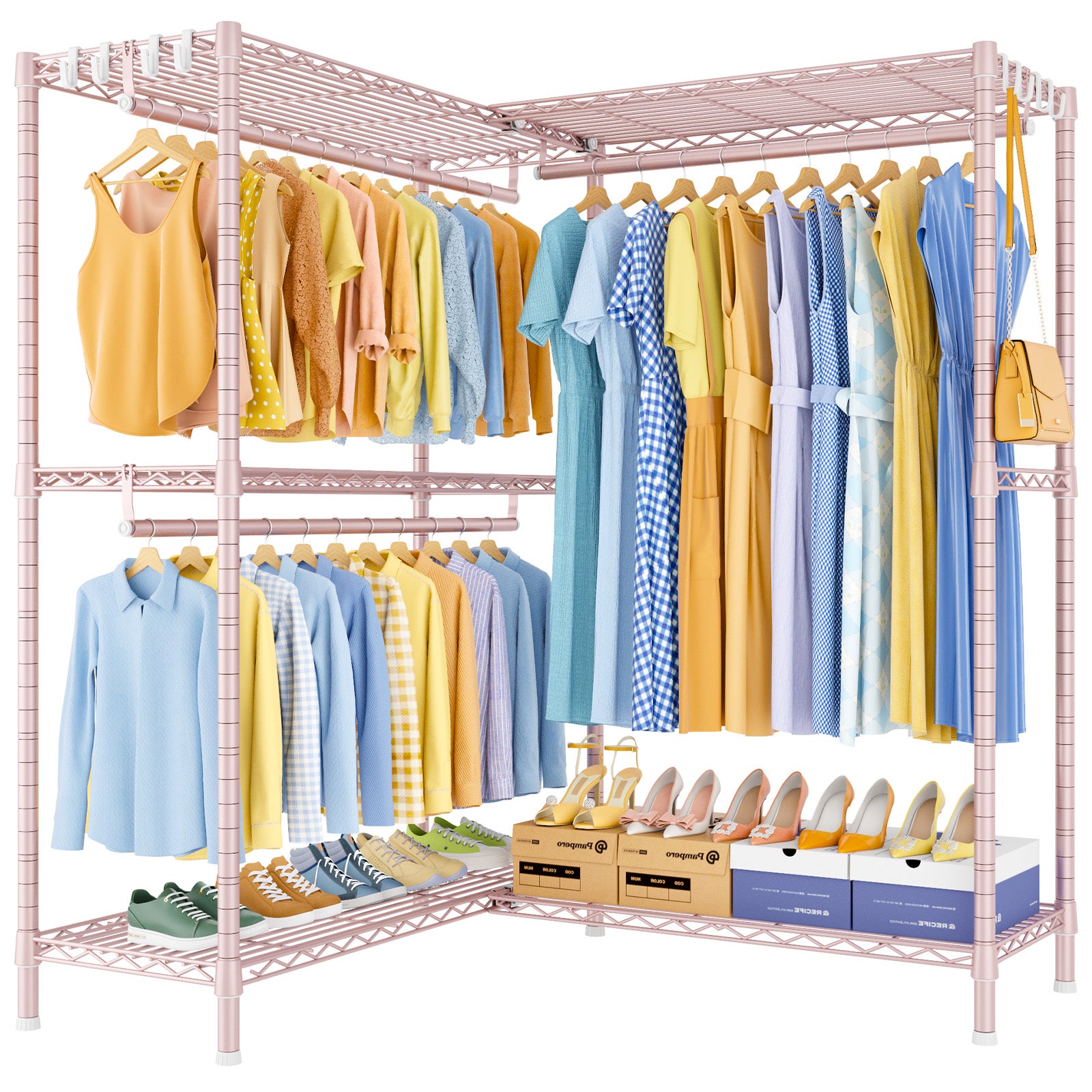 E15 Pro Garment Rack L Shaped Clothes Rack for Corner, Heavy Duty Closet System with 4 Hanging Rods & 8 S Hooks