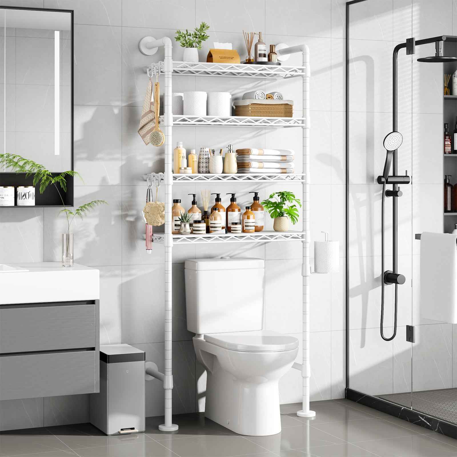 K3 Wall Mounted 4-Tier Over the Toilet Storage，Metal Above Toilet Storage with Paper Hook，Over Toilet Bathroom Organizer with Adjustable Shelf