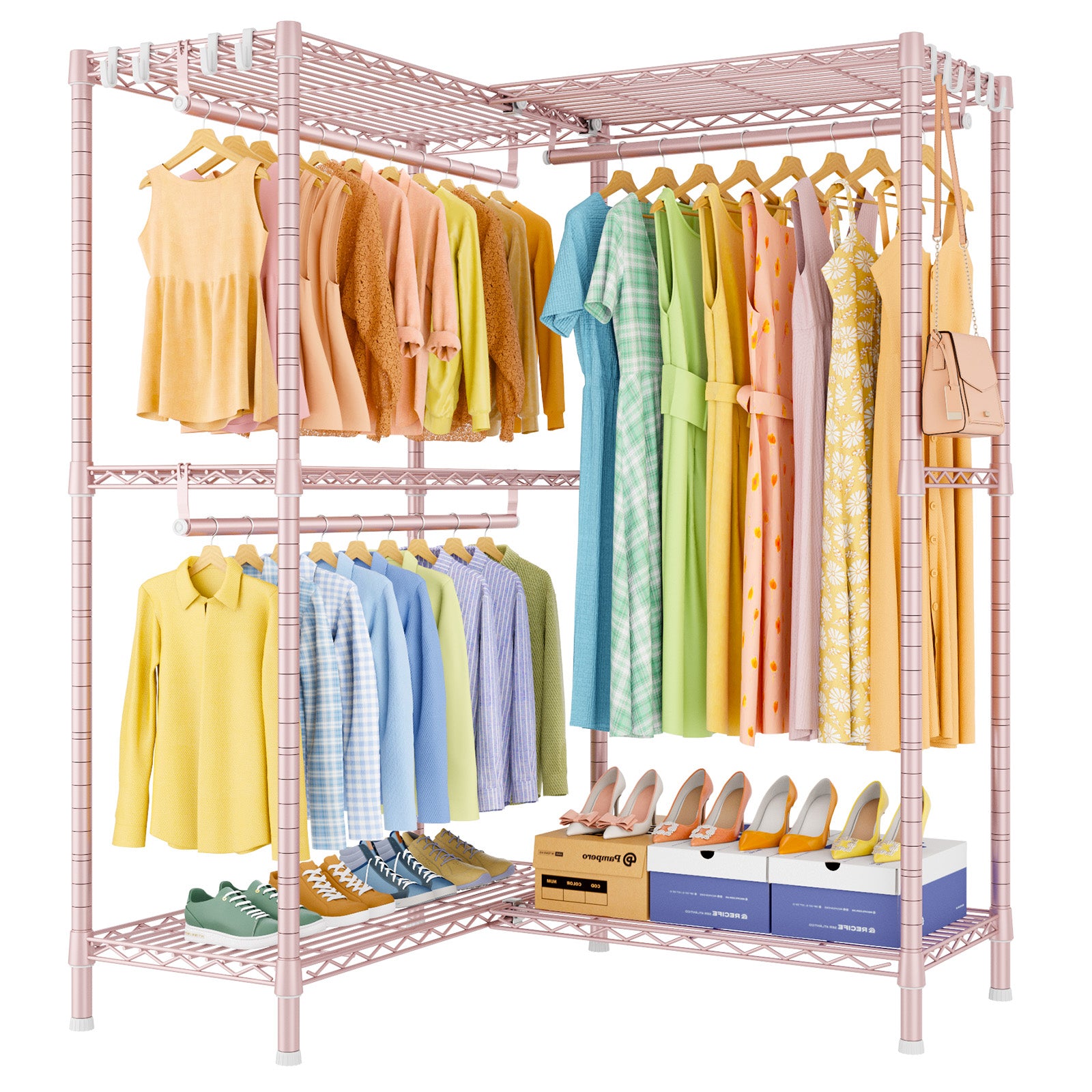 E15 Garment Rack L Shaped Clothes Rack for Corner, 850LBS LOAD, 4 Hanger Rods & 8 S Hooks