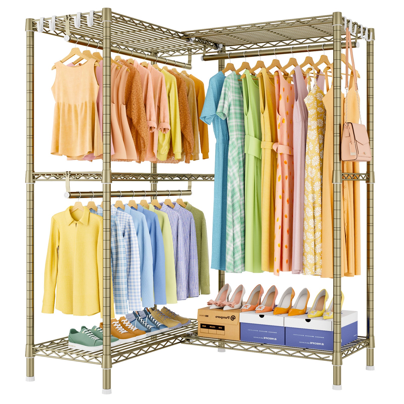E15 Garment Rack L Shaped Clothes Rack for Corner, 850LBS LOAD, 4 Hanger Rods & 8 S Hooks