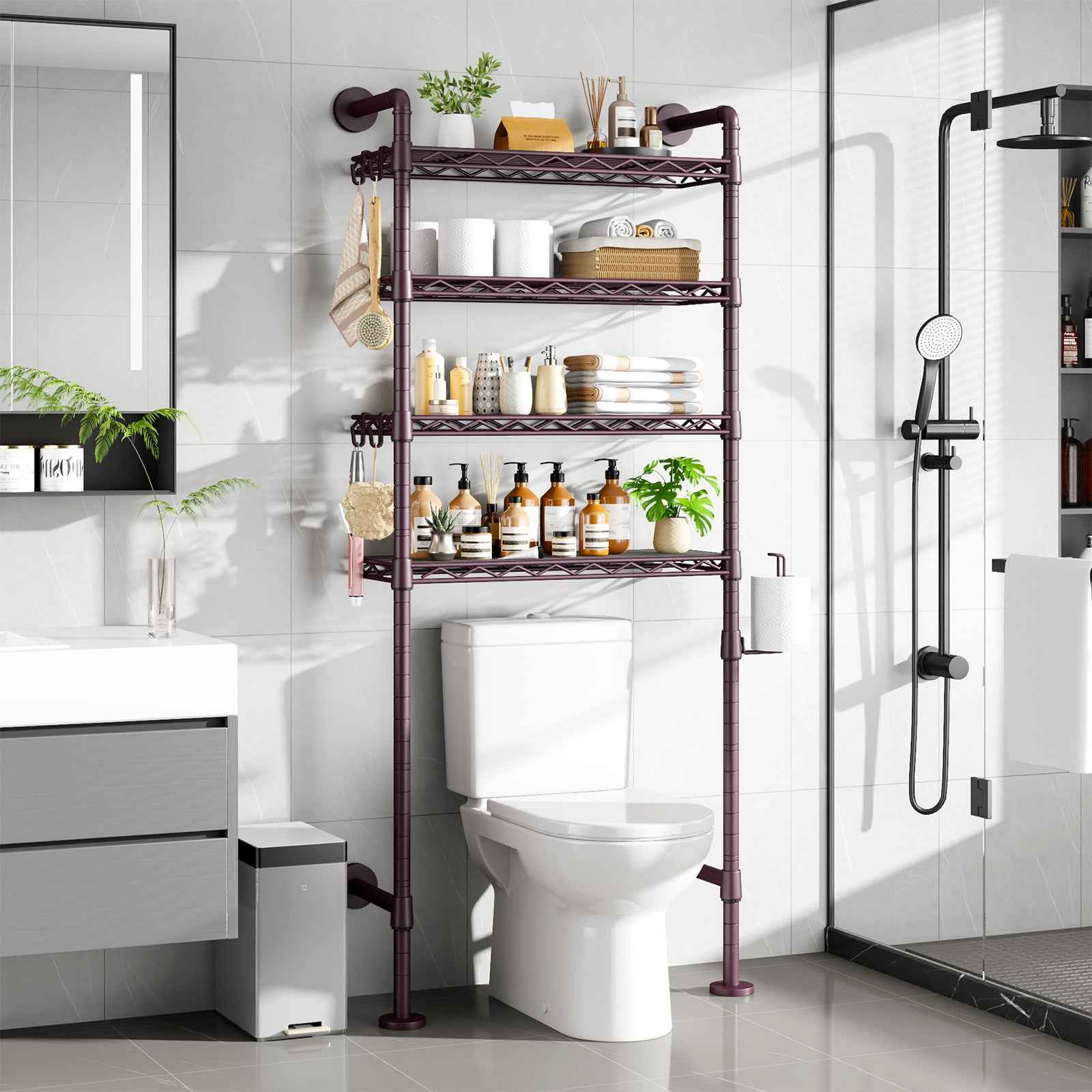 K3 Wall Mounted 4-Tier Over the Toilet Storage，Metal Above Toilet Storage with Paper Hook，Over Toilet Bathroom Organizer with Adjustable Shelf