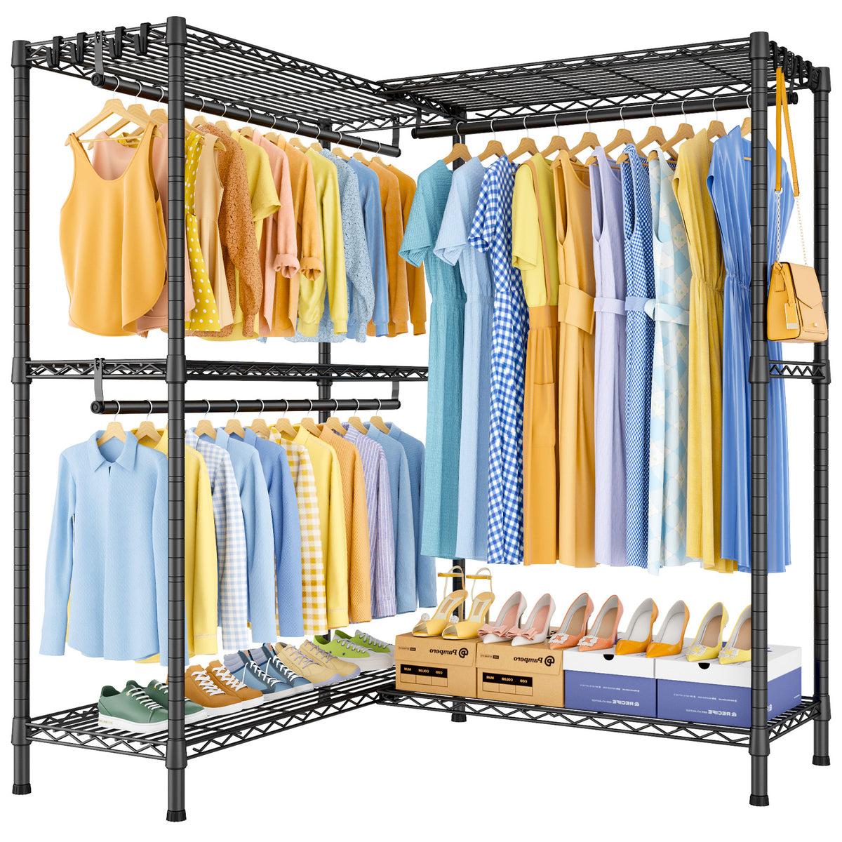E15 Pro Garment Rack L Shaped Clothes Rack for Corner, Heavy Duty Closet System with 4 Hanging Rods & 8 S Hooks